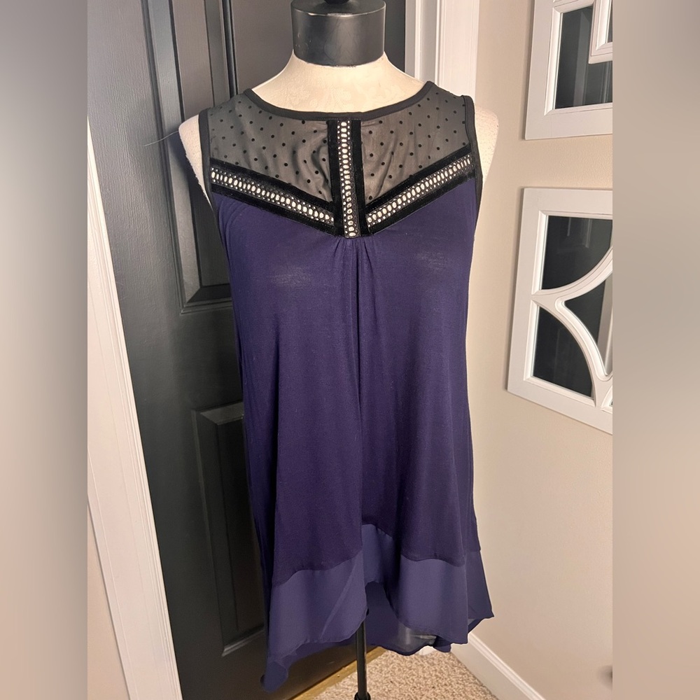 August Silk Navy High Low Dress with Mesh Detail